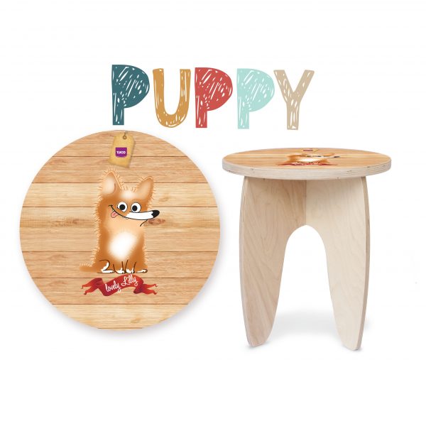 sgabello in legno per bambinia tema cuccioli