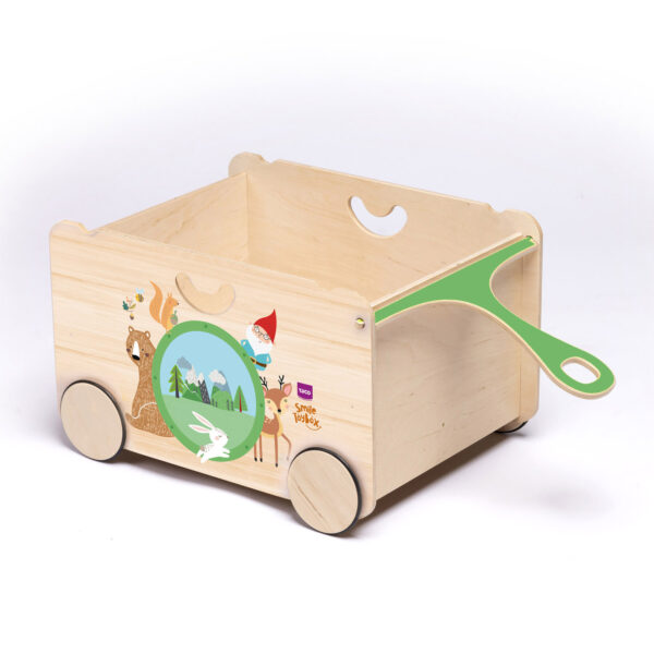 scatola porta giochi in legno con ruote, carrettino riordina giochi