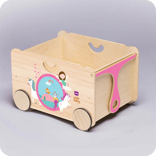 scatola porta giochi con rotelle in legno